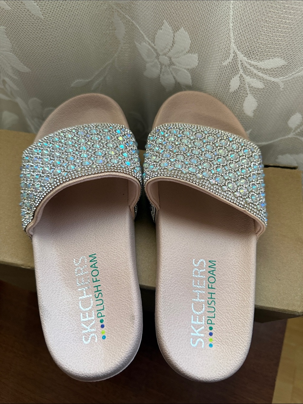 Skechers Women's Pink Crystal Embellished Plush Foam Slide Sandals